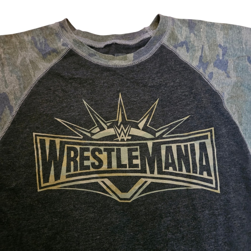 WWE Authentic WrestleMania Graphic Baseball Tee Charcoal Blue Camo Raglan Small